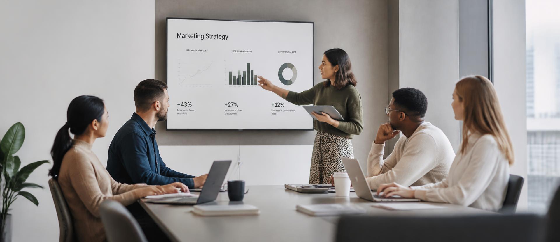 Équipe marketing digital en présentation stratégique